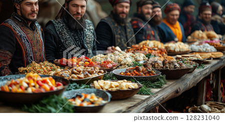 traditional Yakut food arranged on a wooden table during Ysyakh traditional Yakut food arranged on a wooden table during Ysyakh 128231040