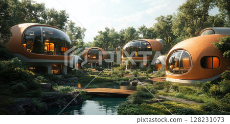 a futuristic residential area, featuring modular eco homes, shared gardens, and solar powered community spaces, surrounded by clean technology 128231073