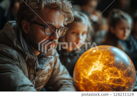 a teacher using augmented reality tools to show 3D models of planets, students actively participating, futuristic and well lit classroom 128231129