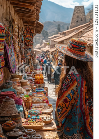 a vibrant marketplace during Inti Raymi, showcasing stalls with traditional crafts, textiles, and jewelry, people in festival costumes browsing 128231133