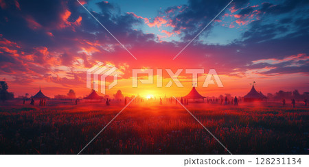 a vibrant sunrise over the Ysyakh festival grounds, with silhouettes of people celebrating and traditional structures 128231134