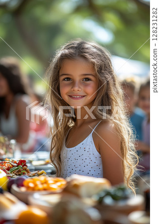 a multicultural family picnic in a sunny park, with a variety of foods and games being shared, children playing and adults chatting 128231282