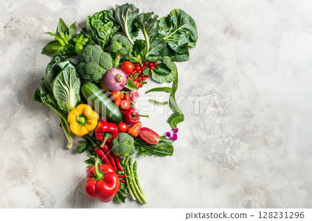 Fresh vegetable assortment creatively arranged on rock gray background 128231296