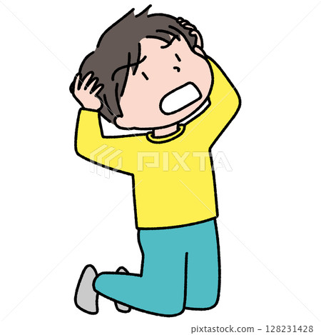 Illustration of a young man in despair holding his head Illustration of a young man in despair holding his head 128231428