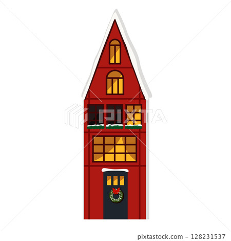 A Charming Red House Featuring a Snowy Roof, Perfectly Ideal for Festive Holiday Decor A Charming Red House Featuring a Snowy Roof, Perfectly Ideal for Festive Holiday Decor 128231537