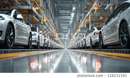 Futuristic factory with rows of electric cars lined up, reflecting on polished floor, showcasing modern automotive technology 128231591