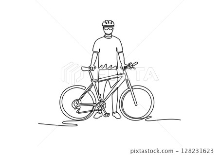 Continuous one line drawing male cyclist athlete in protective helmet standing next to his bicycle. Concept of sport, action, motion, speed, race. Single line draw design vector graphic illustration 128231623