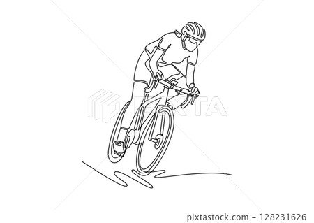 Single continuous line drawing sporty woman in helmet, sunglasses and activewear riding bike on asphalt road. Female cyclist training with high speed. One line draw graphic design vector illustration 128231626