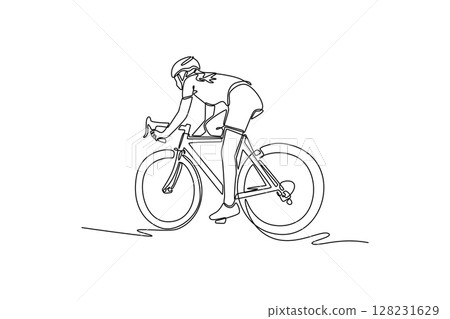 Single continuous line drawing back view healthy female cyclist wearing cycling kit and helmet riding on the road on a gravel bike. Sports motivation. One line draw graphic design vector illustration Single continuous line drawing back view healthy female cyclist wearing cycling kit and helmet riding on the road on a gravel bike. Sports motivation. One line draw graphic design vector illustration 128231629