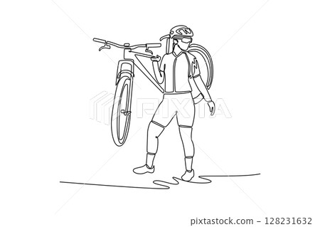 Single one line drawing fit female cyclist carries bicycle on her shoulders and looking away. Sportswoman holds her bike after winning the race. Continuous line draw design graphic vector illustration 128231632