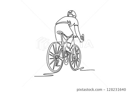 Single one line drawing back view of professional road bicycle racer in action. Sportsman on road bike bicycle, male cycling athlete practicing. Continuous line draw design graphic vector illustration 128231640