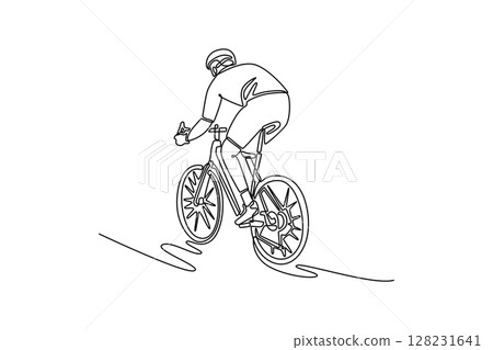 Single one line drawing full length active man in sport clothing and protective helmet riding road bike. Concept of workout, training, and race. Continuous line draw design graphic vector illustration 128231641