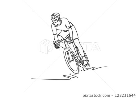 Continuous one line drawing fearless athletic sportsman in protective clothes driving bike on steep road. Active sport, health, workout, recreation. Single line draw design vector graphic illustration 128231644