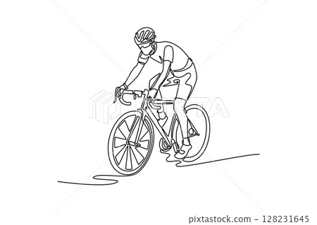 Continuous one line drawing young sportsman on road bike bicycle, male cycling athlete practicing. Concept of sports, action, motion, speed, race. Single line draw design vector graphic illustration 128231645