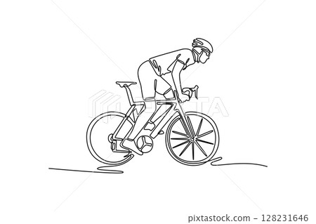 Continuous one line drawing side view active sportsman in protective helmet riding gravel bicycle. Male athlete in sportswear cycling on the road. Single line draw design vector graphic illustration 128231646