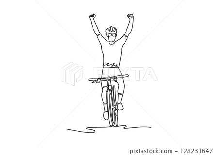 Single one line drawing front view of male cyclist successfully finishing road bike bicycle race with happy gesture. Sports motivation. Modern continuous line draw design graphic vector illustration 128231647