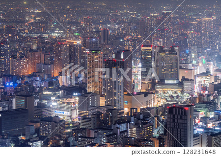 Osaka Prefecture: Night view of Osaka city and skyscrapers in the city center 128231648