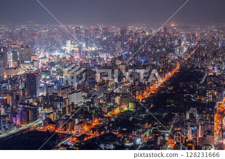 Osaka Prefecture: Night view of Osaka city and skyscrapers in the city center 128231666