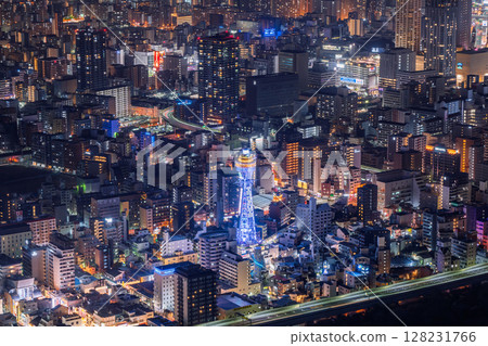 Osaka Prefecture: Night view of Osaka city and Tsutenkaku Tower 128231766