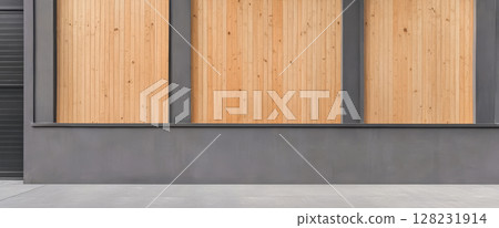 Modern architectural design with wooden panels and minimalist concrete facade in urban setting 128231914