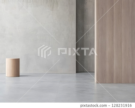 Minimalist interior design showcasing wood and concrete elements in a modern space 128231916