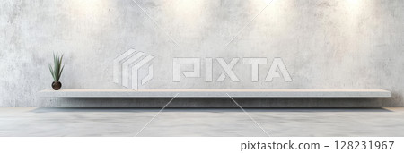 Minimalist wall shelf with potted plant against textured backdrop in modern interior 128231967