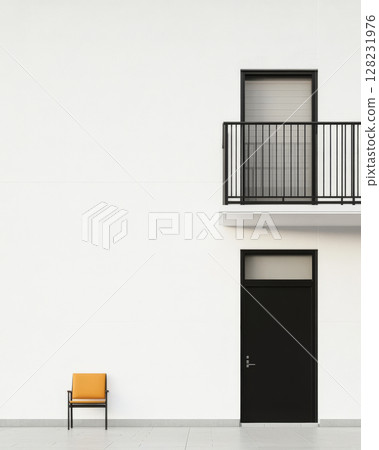 Minimalist architectural design highlighting a black door and balcony with an orange chair 128231976