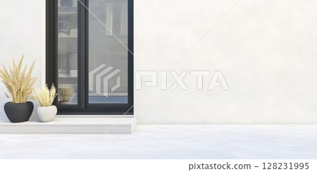 Modern minimalistic design with potted plants near window on a bright day 128231995