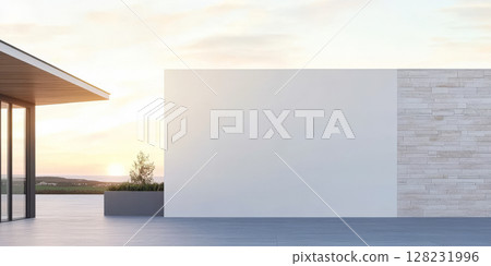 Modern architecture showcases a clean design at sunset near a serene landscape Modern architecture showcases a clean design at sunset near a serene landscape 128231996