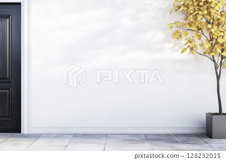 Minimalist outdoor area with a black door and a potted yellow tree near a white wall 128232015