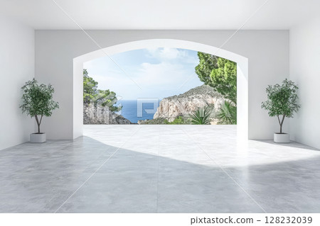 Modern interior with a coastal view from a large archway in a serene space 128232039