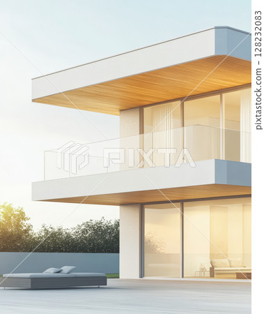 Modern architectural design featuring a minimalistic house at sunset in a tranquil setting Modern architectural design featuring a minimalistic house at sunset in a tranquil setting 128232083