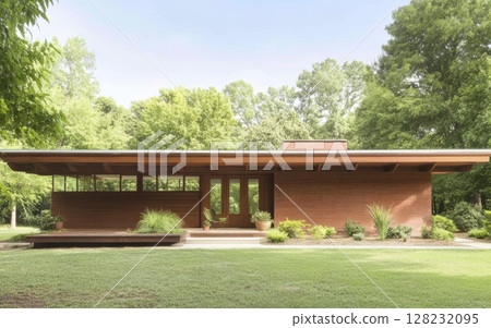 Modern architectural design of a single-story home surrounded by lush greenery Modern architectural design of a single-story home surrounded by lush greenery 128232095