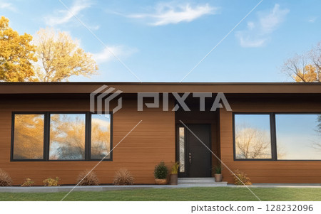 Modern wooden house with large windows surrounded by autumn foliage in daylight Modern wooden house with large windows surrounded by autumn foliage in daylight 128232096