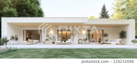 Modern single-story house with minimalist design surrounded by greenery in daylight 128232098