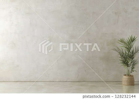 Modern indoor space with a minimalist design featuring a plant in a woven basket 128232144
