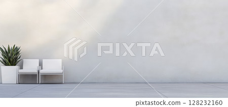 Minimalist outdoor seating area with potted plant in bright daylight 128232160