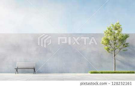 Tranquil urban space with bench and tree under clear sky in bright daylight 128232161