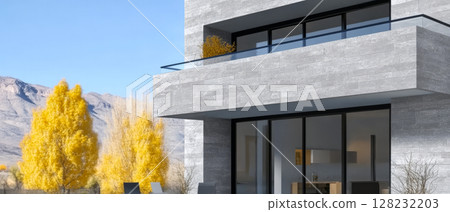 Modern architectural design of a house with striking fall foliage in the background Modern architectural design of a house with striking fall foliage in the background 128232203