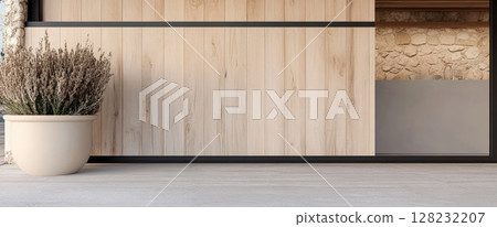 Modern minimalist entryway featuring natural elements and neutral tones 128232207