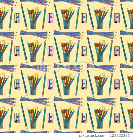 Colorful seamless pattern with pencils, brushes, pens, ruler and sharpener on yellow background. For back to school theme, school or office supplies, stationery design, textile print, wrapping paper. Colorful seamless pattern with pencils, brushes, pens, ruler and sharpener on yellow background. For back to school theme, school or office supplies, stationery design, textile print, wrapping paper. 128232225