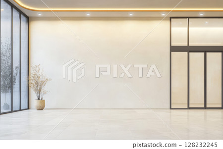 Modern interior space featuring natural light and minimalist decor in a serene environment 128232245