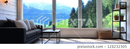 Modern living room with panoramic mountain views and natural light in serene setting 128232305