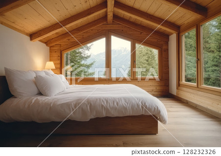 Cozy cabin bedroom with large windows and wooden decor in a mountain setting 128232326