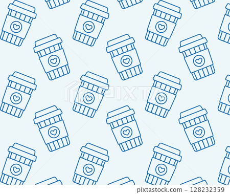 Coffee cup pattern. Blue on white background. Hand drawn vector illustration 128232359