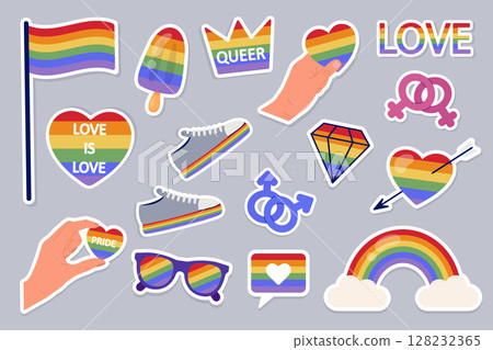 LGBTQ sticker set. LGBT pride symbol. Rainbow elements on gray background. Vector clipart. 128232365