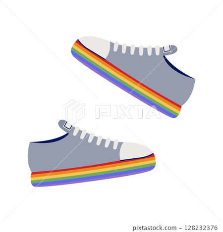 Sneakers with rainbow soles. LGBT stickers. Pride month. Hand drawing. Vector illustration 128232376