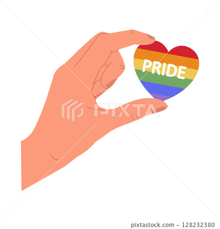 A hand holds a sticker in the shape of a heart. Pride Month. Hand drawing. Vector illustration. 128232380