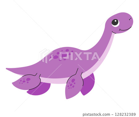 Cute dinosaur on white background. Cartoon plesiosaur. Vector illustration 128232389