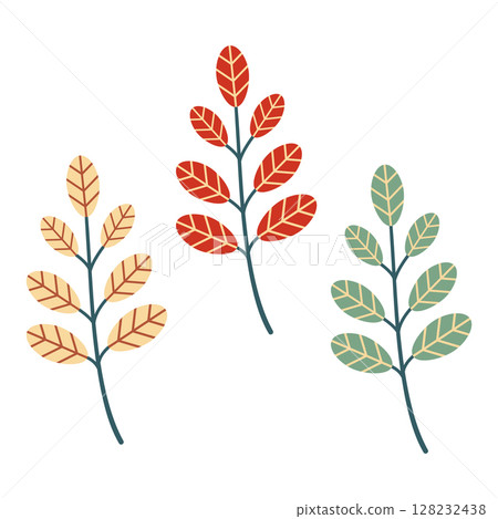 Set of leaves in different colours. Cute leaves drawn by hand. Cosy autumn design. Vector illustration 128232438
